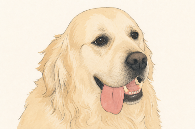 Illustrated portrait of Little the golden retriever.
