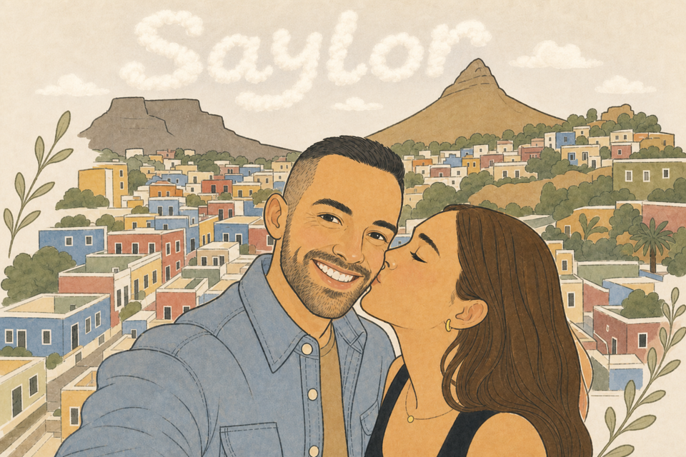 Hand-painted illustration of Sam and Taylor with colourful Cape Town and Lion's Head behind them.