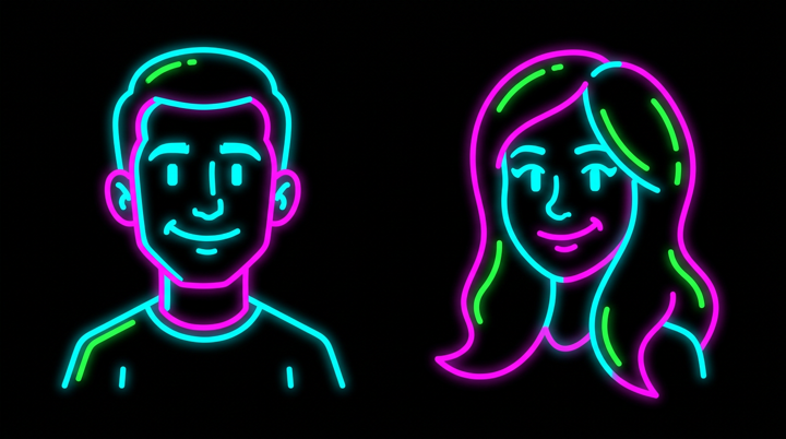 Stylised neon caricatures of Sam (no glasses) and Taylor (longer hair), side by side, arcade terminal style.